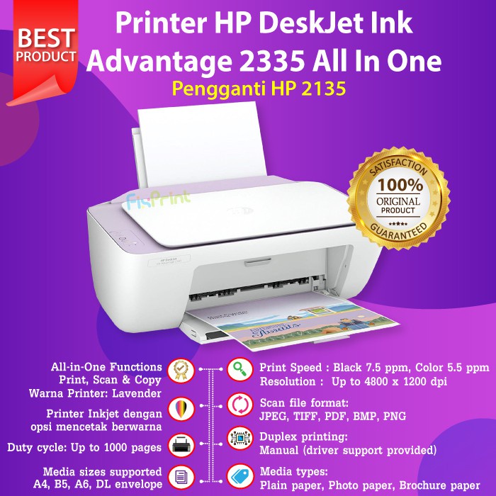 Printer HP Deskjet 2335 2336 2337 All in One Multifungsi Print Scan Copy Pengganti 2135 With Cartridge HP 682 Print Photo Foto Hitam Warna Black Color Optional WiFi Wireless