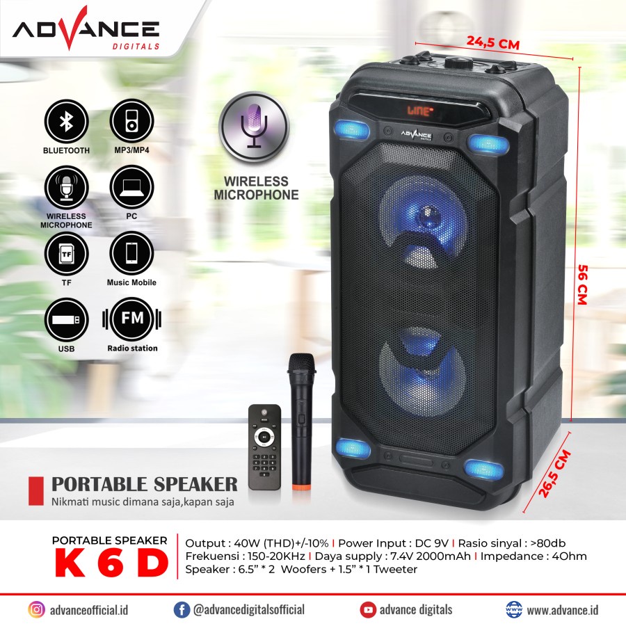 Advance K6D Speaker Portable 6,5 inch x 2 Bluetooth