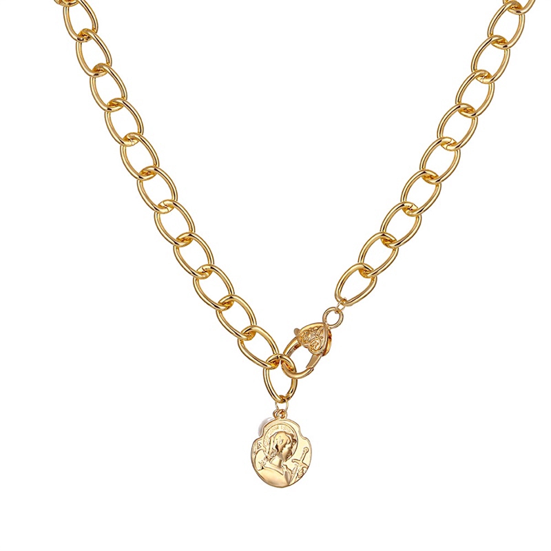 Kalung Rantai Liontin Koin Geometris Klasik Bahan Metal Warna Gold Untuk Wanita