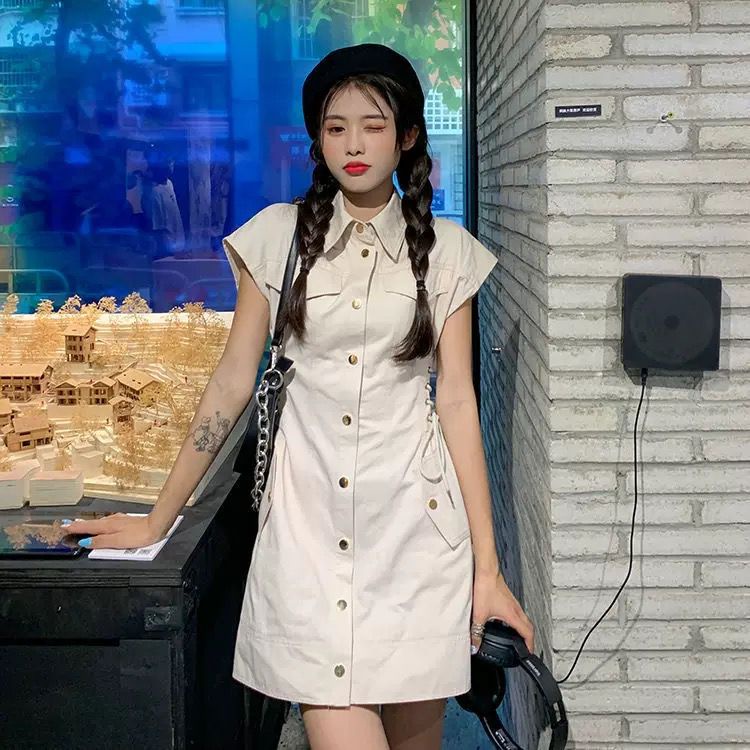 [littlecrab] Dress Wanita Cream Berkerah Full Kancing High Class Dress Berkualitas Street Style Dress High Quality Dress Pendek Tanpa Lengan Model Leher Kerah Dress Simple Elegan Casual Korean Style