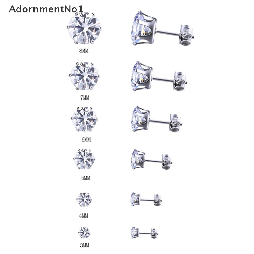 (AdornmentNo1) 6 Pasang Anting Tusuk Bulat Bahan Stainless Steel Hias Cubic Zirconia 3mm - 8mm Untuk Wanita