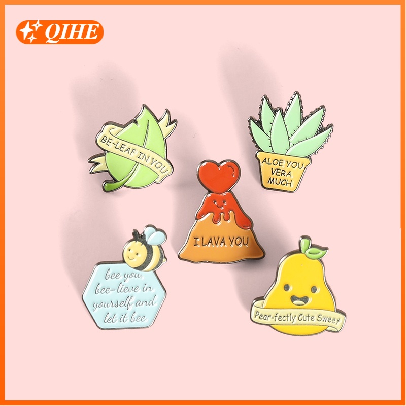 Funny Phrases Banner Enamel Pin Lava Bee Leaf Pear Aloe Brooch Badges Cartoon Plants Jewelry Gift