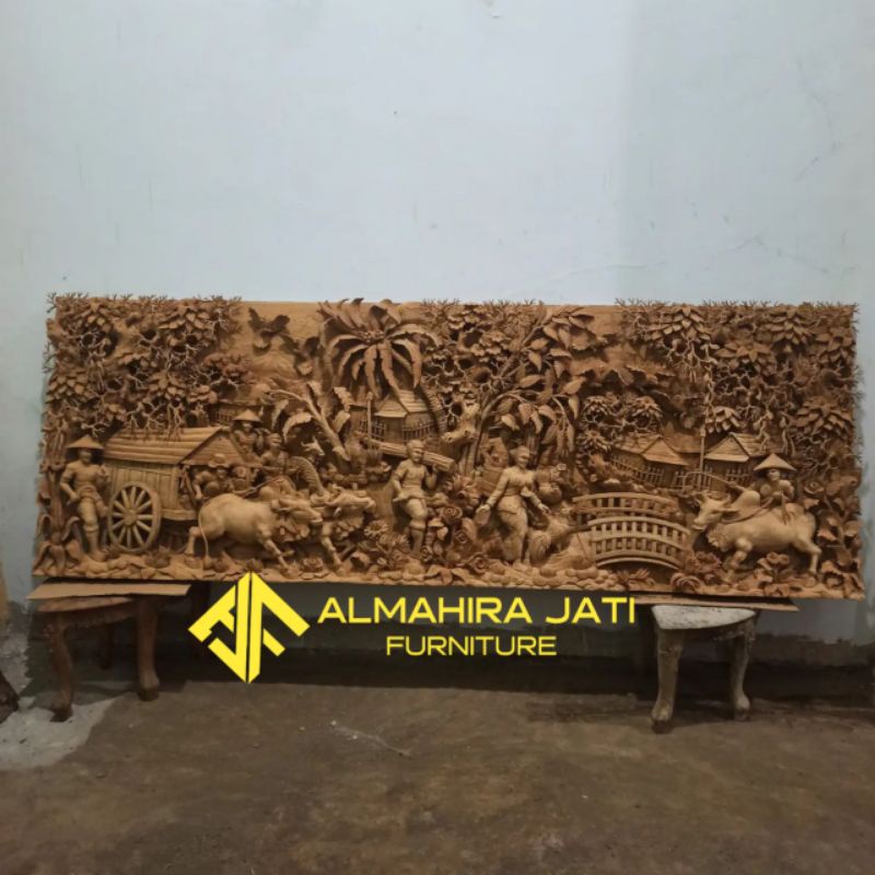 Hiasan Dinding Karya Seni Ukir Relief 3D Dari Kayu Jati / Ukiran Relief 3D Pedesaan