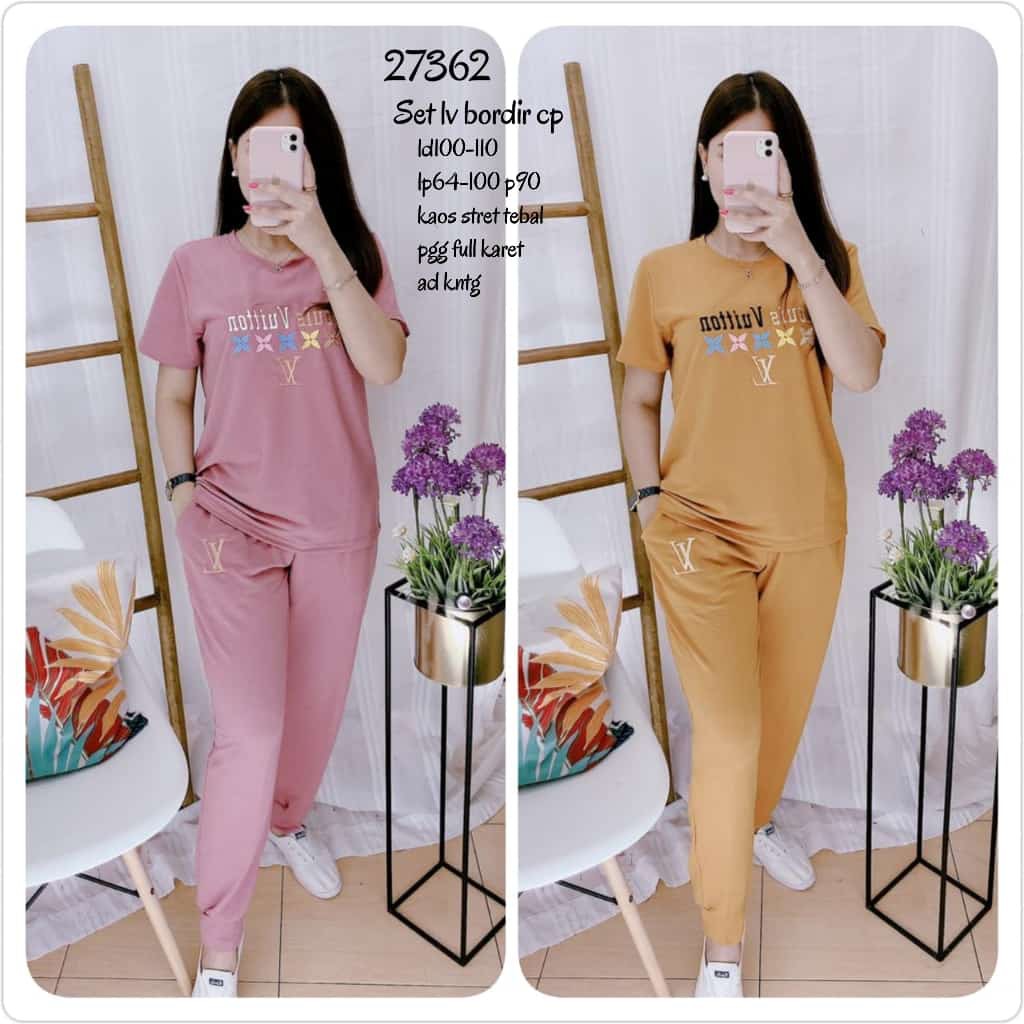 SETELAN KAOS OBLONG+CELANA WANITA IMPORT PREMIUM LV LOUIS VUITTON 27362