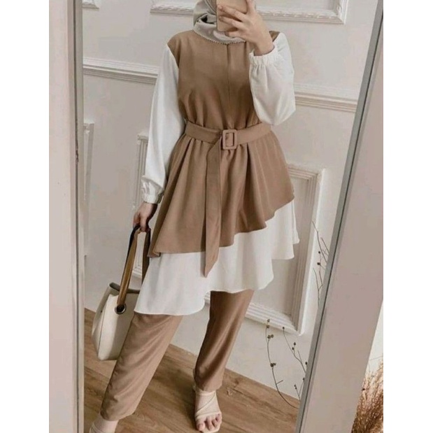 PROMO ONE SET FINA  / ONE SET  STANDART JUMBO / ONE SET - RAYON - ZAZA  / LD 100/105/110/115/120 CM  DAILY  TUNIK WANITA SET MOSCREPRE PREMIUM-ZAZA MOCA