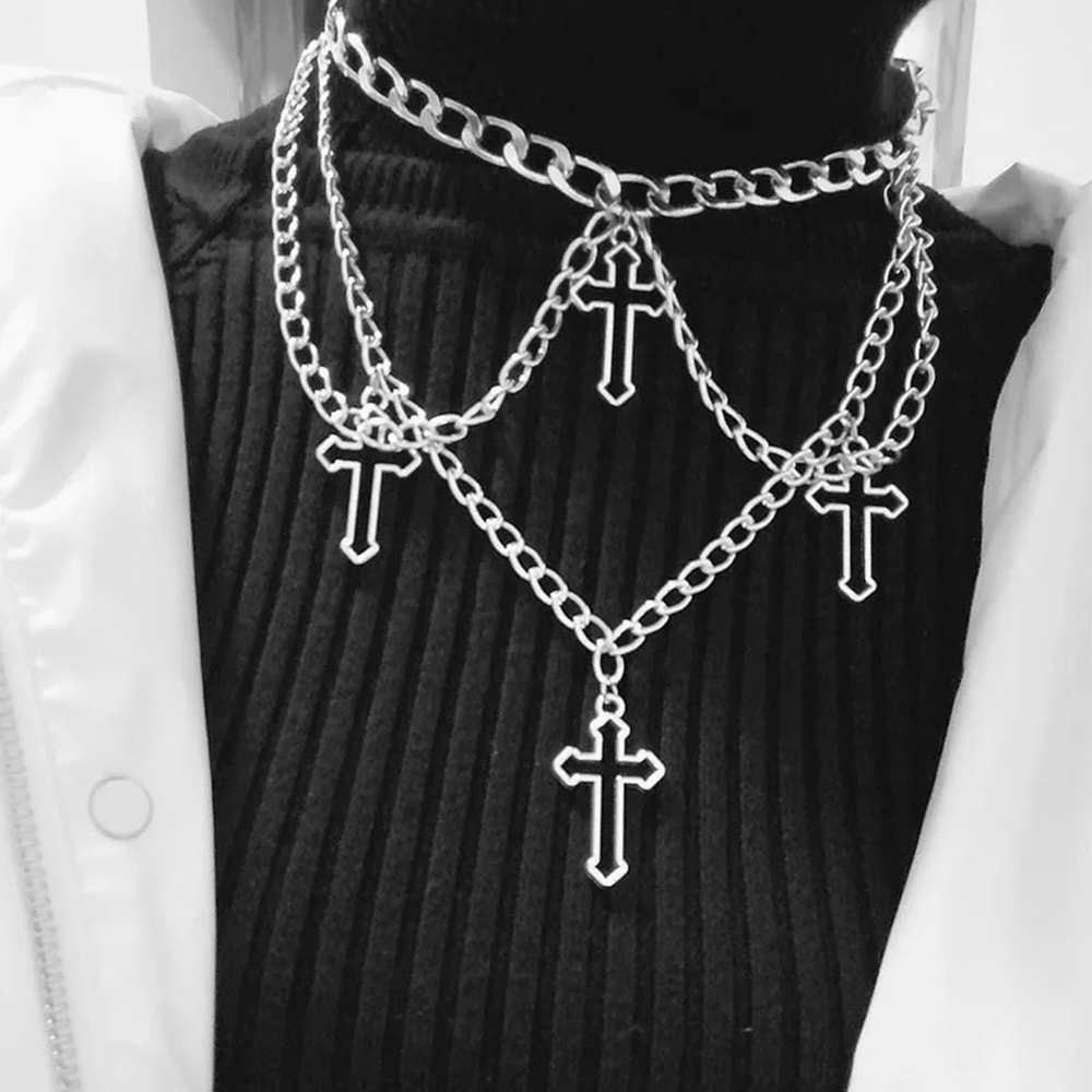 Kalung Choker Rantai Banyak Lapis Dengan Liontin Salib Bulan Gaya Punk Gothic Untuk Wanita