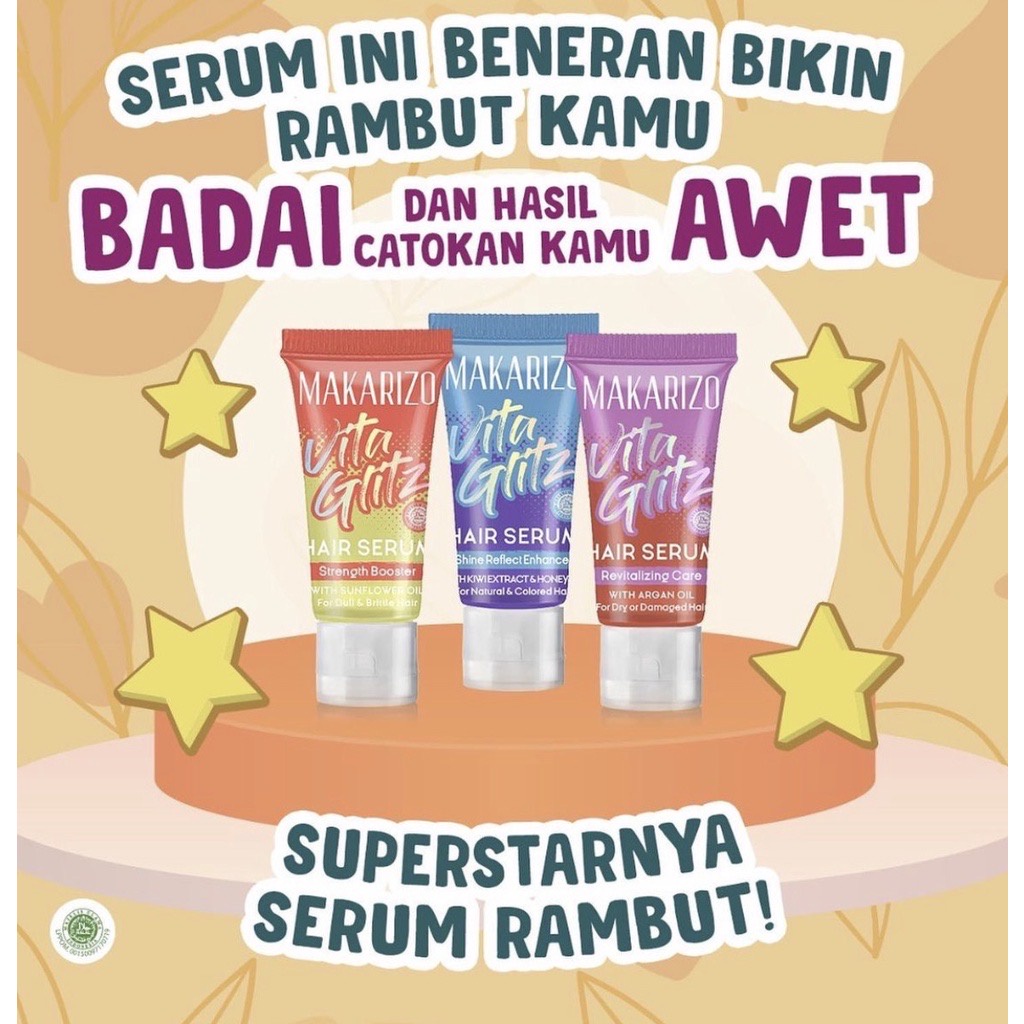 MAKARIZO VitaGlitz Hair Serum Indonesia / Serum Rambut Tube 8ml / Strength Booster Revitalizing Care Shine Reflect Enhancer / Treatment Perawatan Vitamin Creambath Rebonding Scentsations Parfum / Energy Fibertherapy Shampoo Advisor Profesional / Paket Set