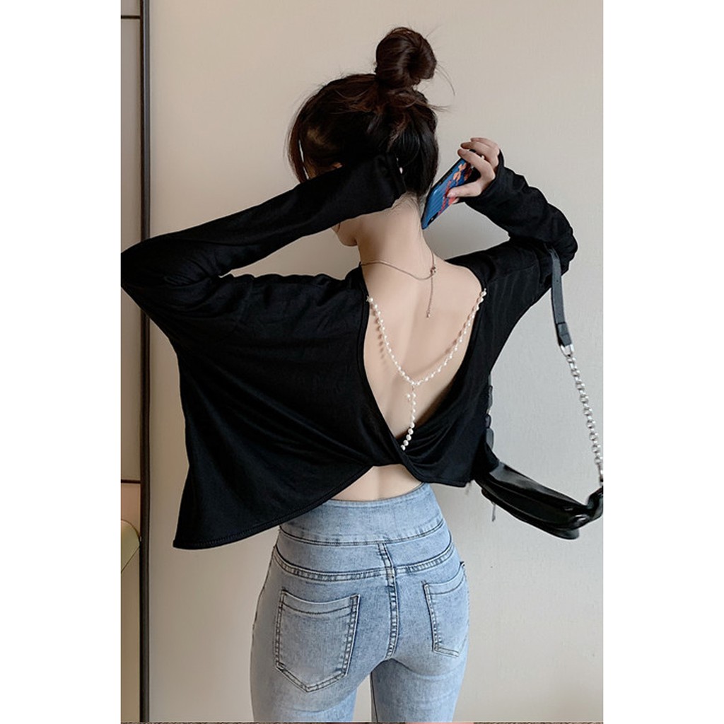 Sexy Backless Licik Desain Tipis Panjang Lengan Pelindung Matahari Top Wanita Longgar Baru PutihTT-s