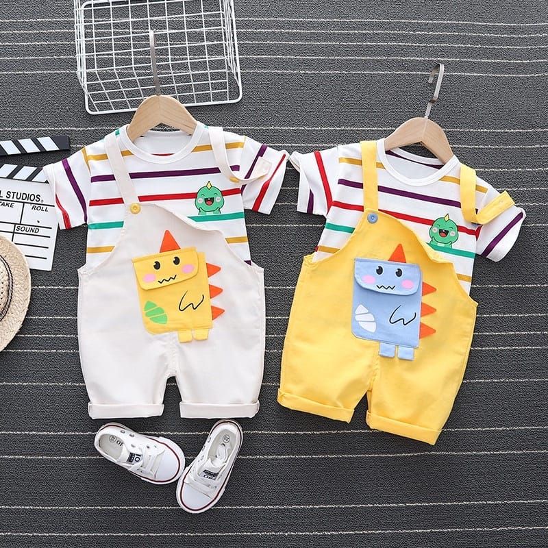 Set Overall Jumpsuit anak bayi balita Dino colorful stripe premium import