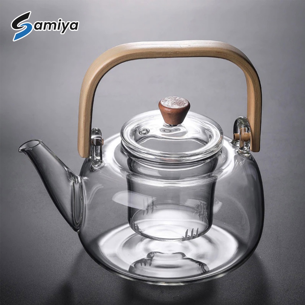 teapot glass bamboo handle heat resistant / teko teh ceret kaca gagang bambu tahan panas dingin