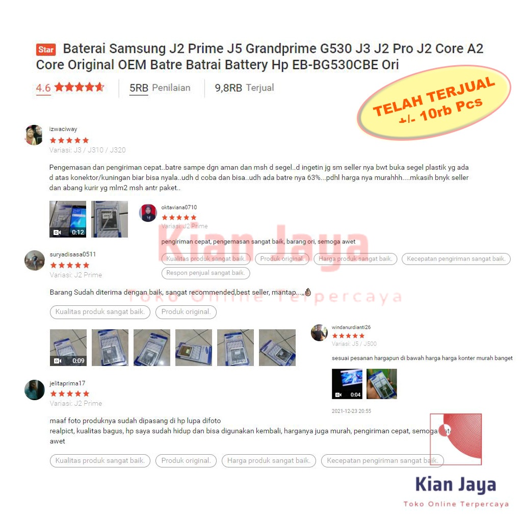 Baterai J2 Prime J5 Grandprime G530 J3 J2 Pro J2 Core A2 Core Original OEM Batre Batrai Battery Hp EB-BG530CBE Ori