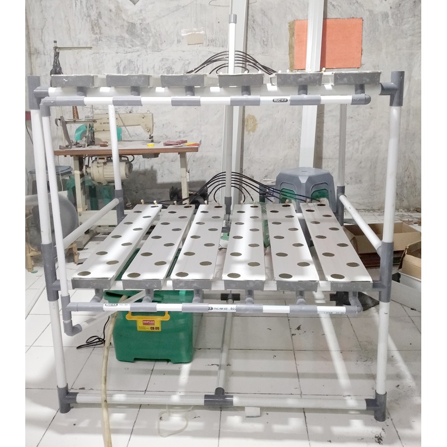 Paket Instalasi Hidroponik DFT 2 Tingkat 6 Baris 120Lubang + Atap UV (Opsional)