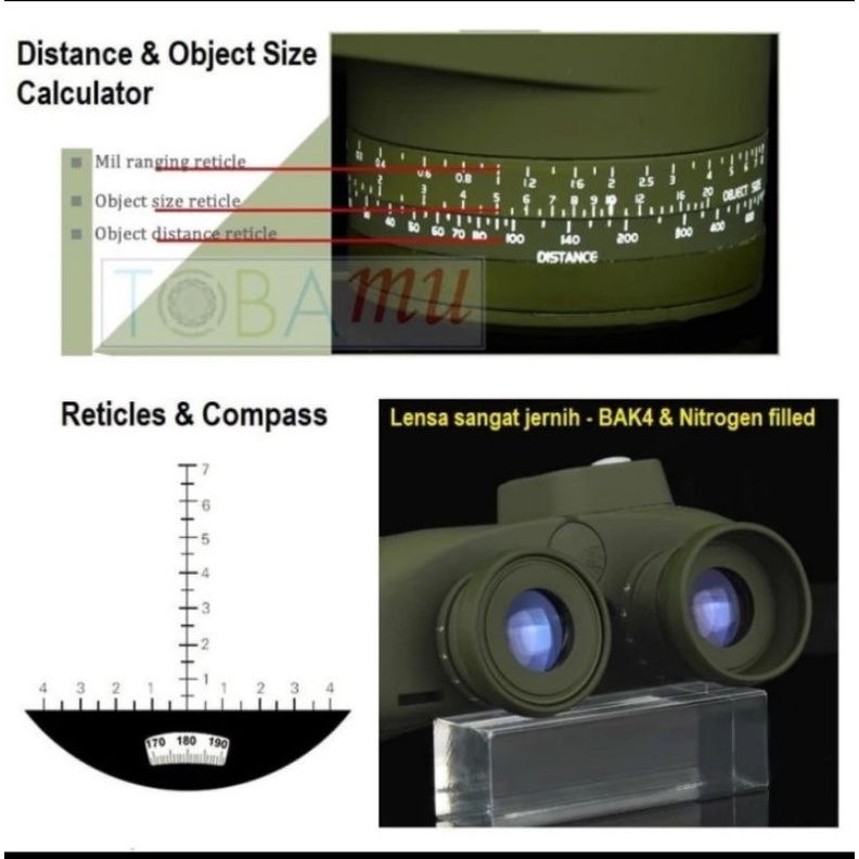 Teropong Binocular BOSHILE Military Marine 10X50 ORIGINAL Compass &amp; Reticle