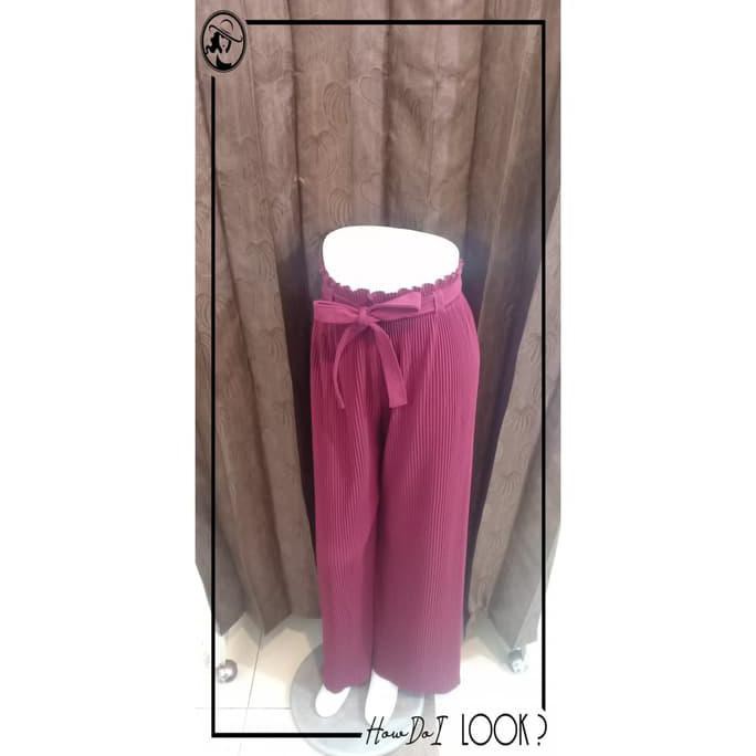 Pengiriman Cepat Celana Kulot Plisket Pita / Celana Kulot Pita Plisket hitam putih navy - Putih STOK