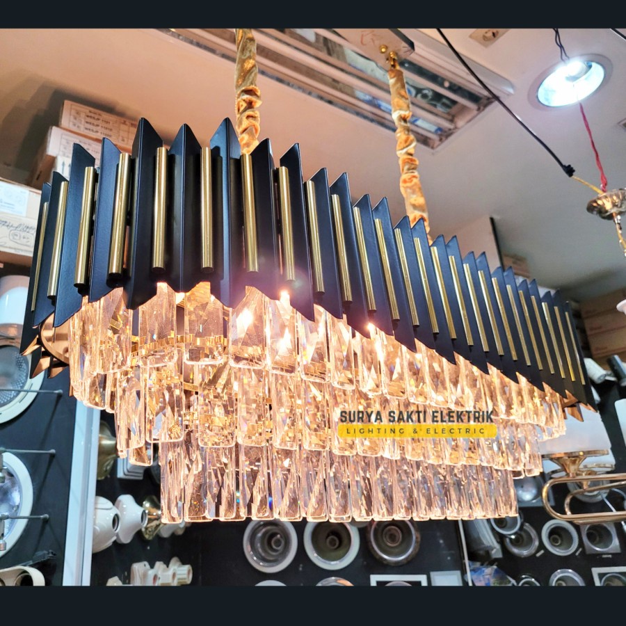 LAMPU HIAS GANTUNG KRISTAL MODERN MEWAH PANJANG MEJA MAKAN GOLD UNIK