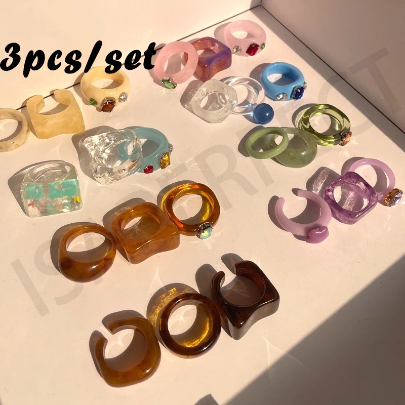 ISA 3 Pieces/set Versi Korea Resin Cincin Warna-warni Akrilik Jelly Cincin Wanita Jari Telunjuk Knuckle Rings Fashion Perhiasan Aksesoris