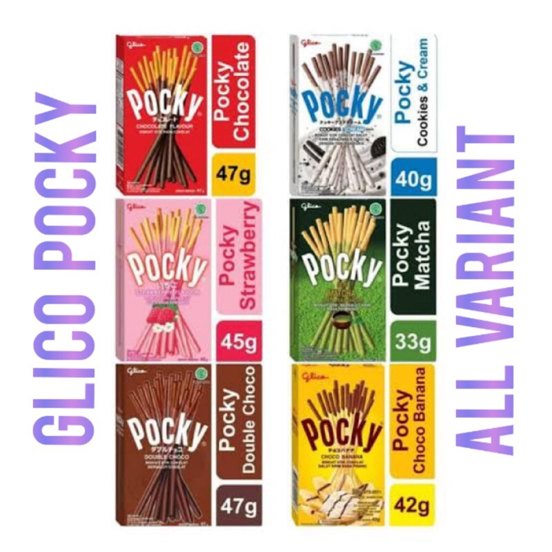 

GLICO POCKY CHOCOLATE , DOUBLE CHOCOLATE, STRAWBERRY, CHOCO COOKIES, MATCHA, CHOCO BANANA