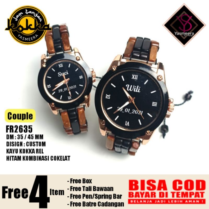 Ys-FR2835 Jam tangan couple custom || Jam couple tali KOKKA || Bisa custom nama sendiri || Tali KAYU