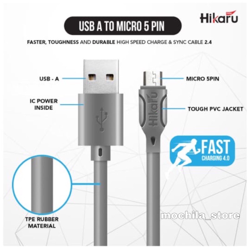 Kabel Data Fast Charging USB Micro 5 Pin - Dura Fast 2.4A - Fast Charger - 1 Meter - Hikaru