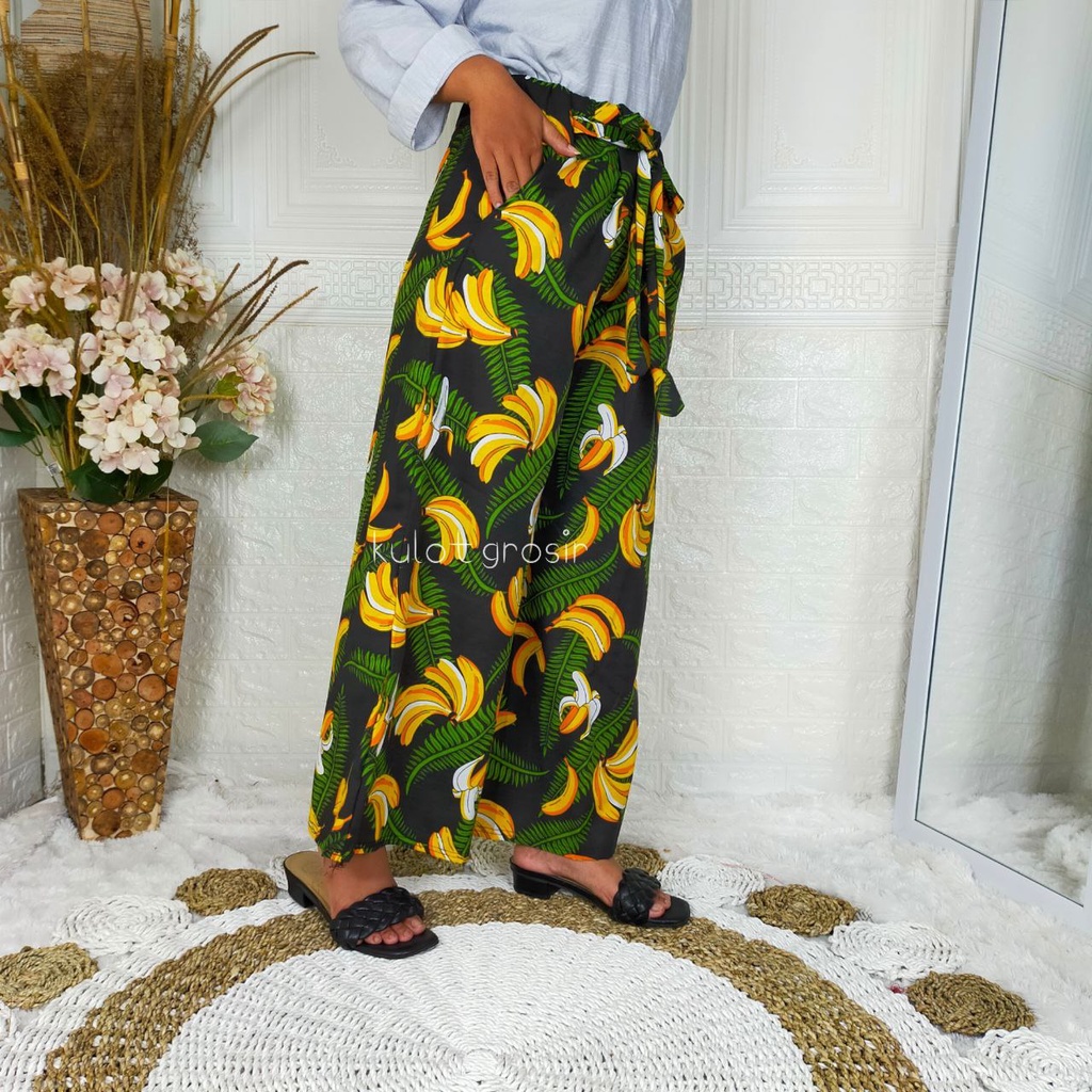 Promo katun jepang bunga / celana kulot panjang motif-HITAM