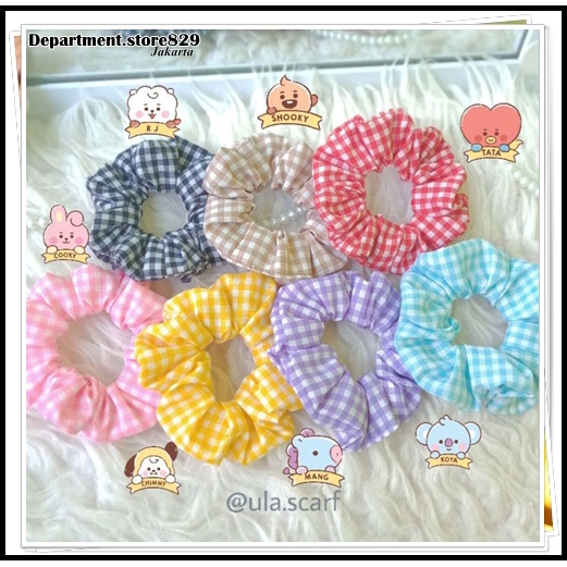 ♥DPS829♥J204 Ikat Rambut 1PCS Motif Garis Kotak-Kotak Scrunchie Bunga Tali Aksesoris Karet Rambut Korea