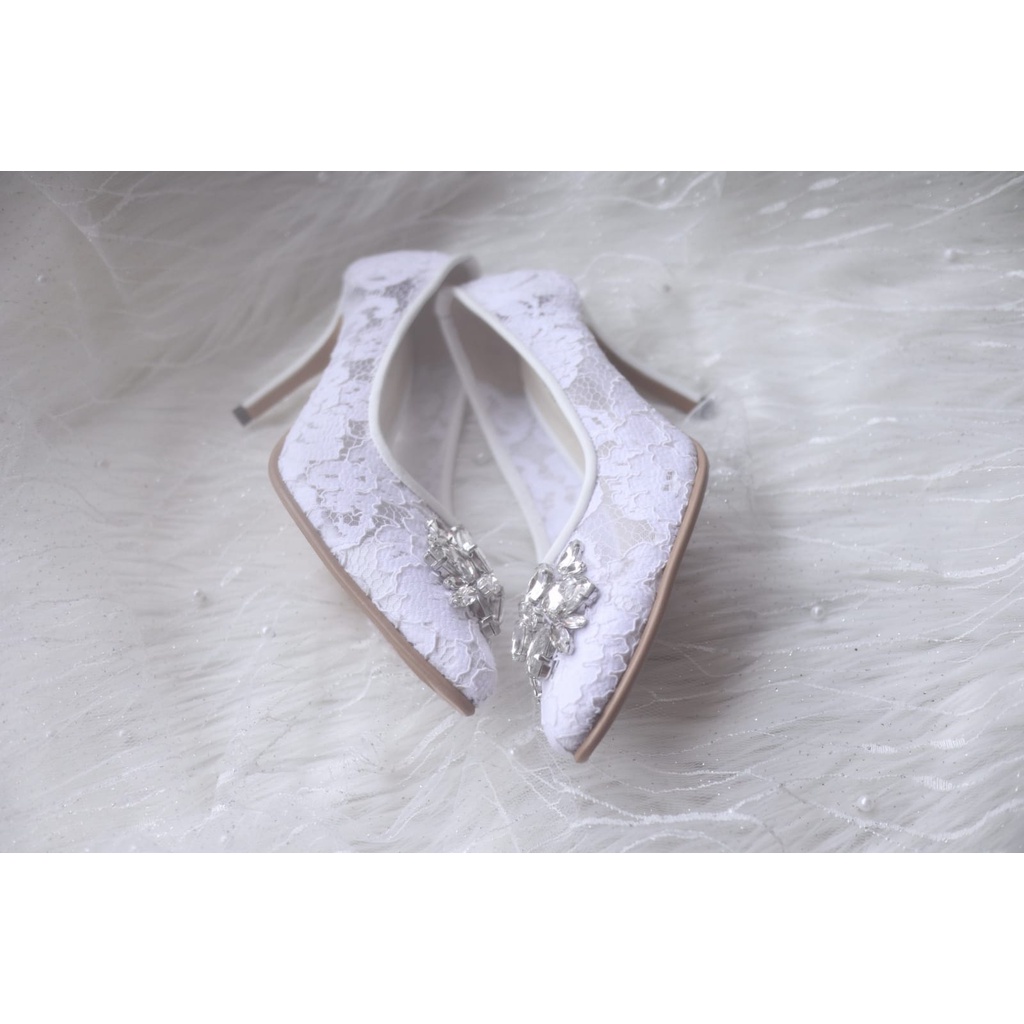 Sepatu sandal selop wedges heels pesta pengantin wedding wanita brukat payet pearl putih