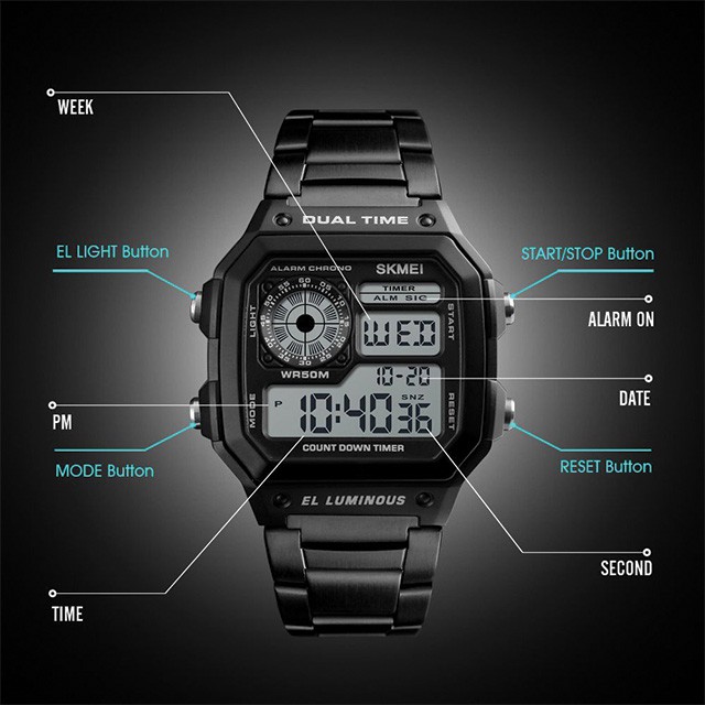 SKMEI 1335 Jam Tangan Pria Wanita Digital Tali Stainless Chronograph Anti Air WATCHKITE WKOS
