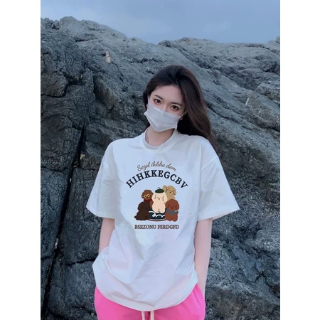 EUNII T-shirt Lengan Pendek Retro Kartun Anak Anjing Longgar Korean Style /Kaos Atasan Wanita/Baju Kaus Oversize Wanita