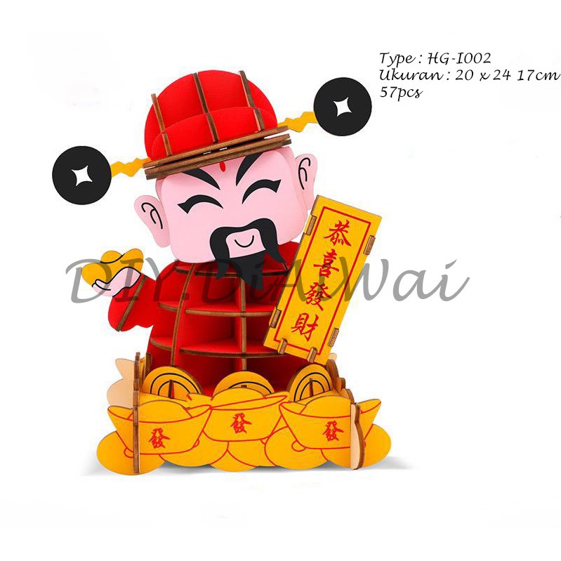 Puzzle 3D DIY bahan kayu model cai shen ye / dewa hokie, kucing sincia imlek puzzle edukasi anak