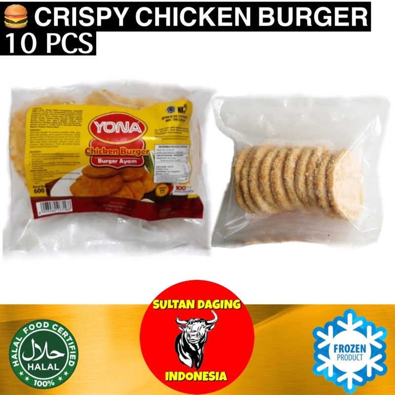 

DAGING BURGER AYAM CRISPY 600 GRAM ISI 10 PCS YONA CHICKEN BURGER/ BURGER AYAM/ BURGER CHICKEN/PATTY