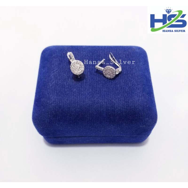 Anting Perak Asli Silver 925 Lapis Emas Putih Model Jepit Permata Bulat - Anting Wanita Anti Karat