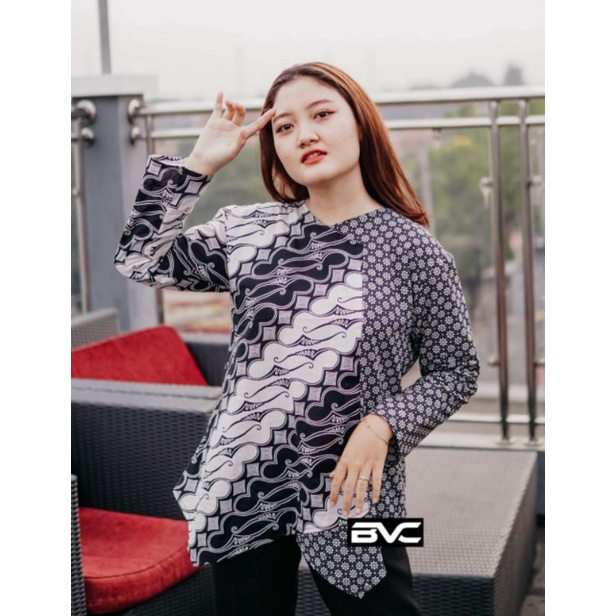 Batik wanita ASJ SA HRB026 Kenongo Kemeja Tosca Pendek-Seno hitam jt