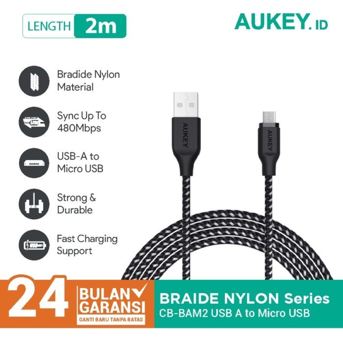 Aukey Cable CB-BAM2 2M USB 2.0 to Micro Braided Nylon