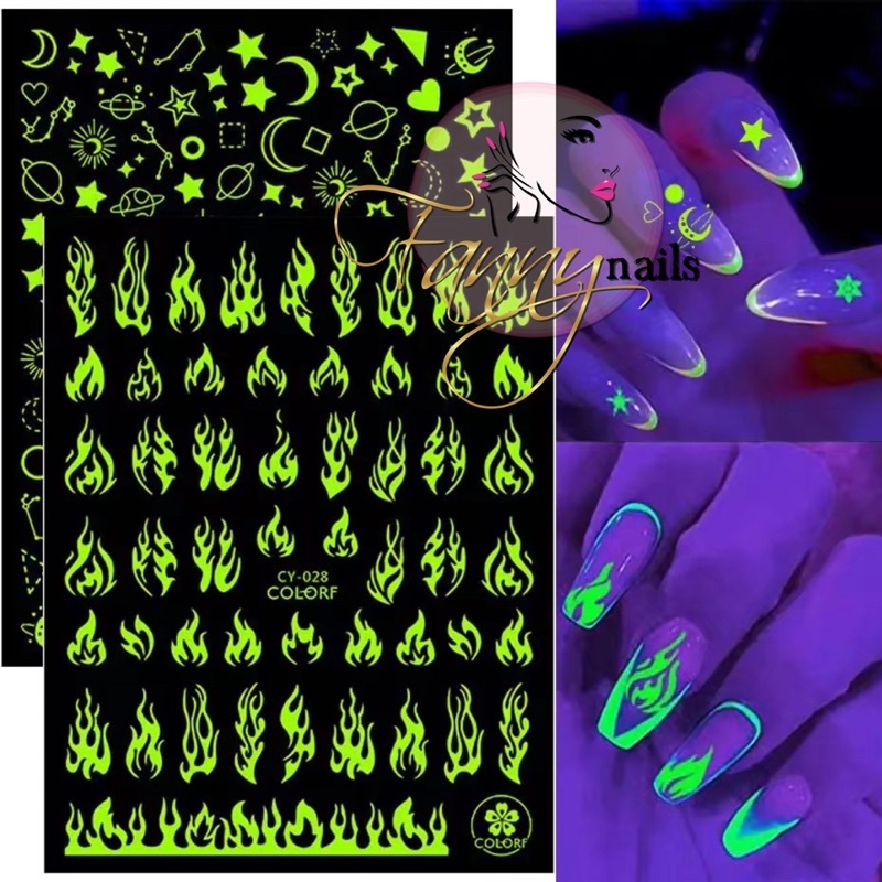 STIKER GLOW IN THE DARK STAR MOON FLAME NAIL STICKER MENYALA DALAM GELAP GLOW IN THE DARK STICKER