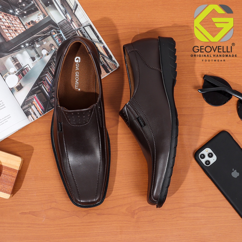 Sepatu Kantor Pria Geovelli Pantofel Formal Kerja Dinas Pesta Kulit Sapi Asli Coklat Kopi Dan Hitam