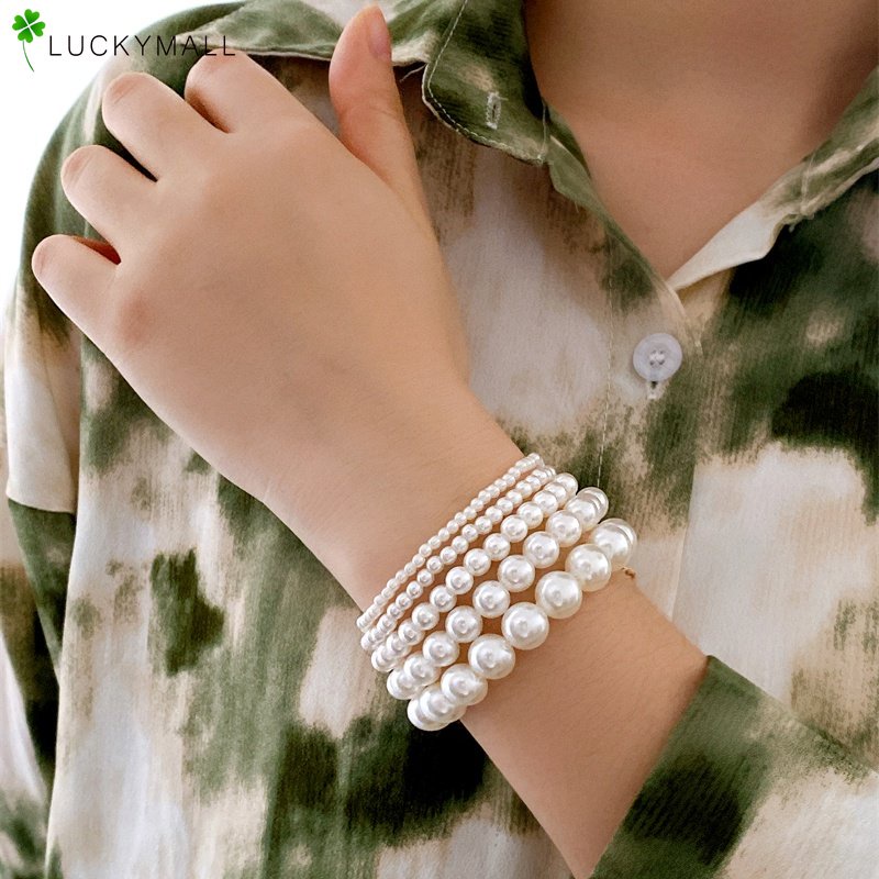 Gelang Rantai Manik-Manik Mutiara Bulat Warna Emas Untuk Wanita