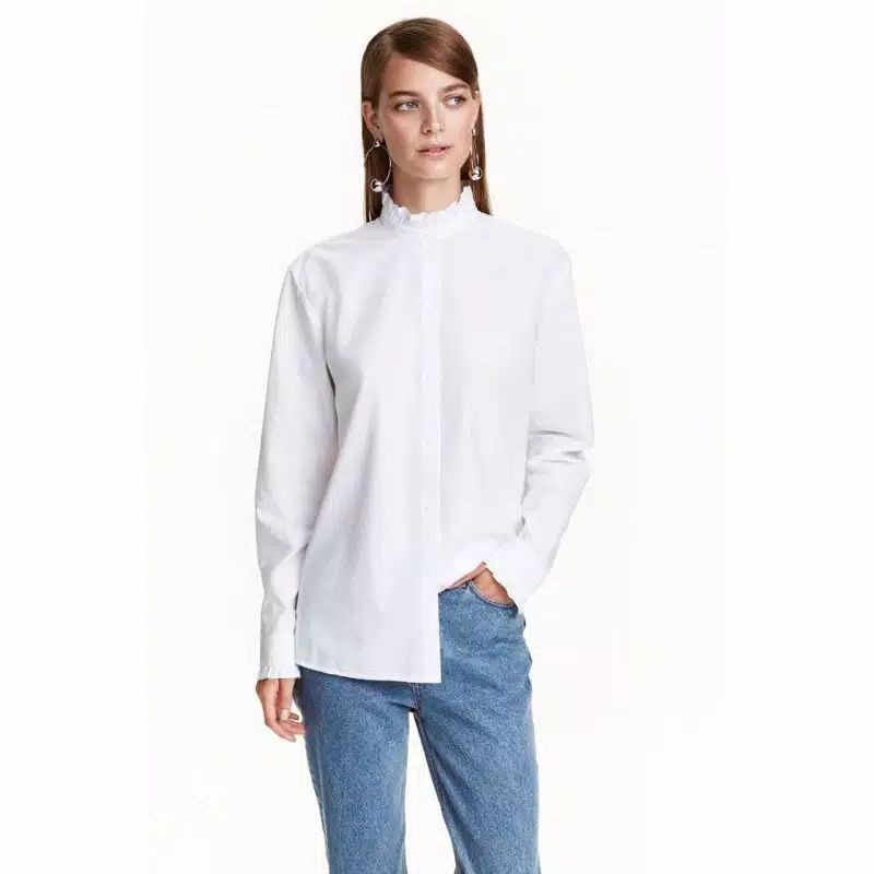 KEMEJA RUFFLE WANITA PUTIH WOMAN SHIRT H*M BRANDED ORIGINAL MURAH CASUAL OUTFIT WHITE ATASAN CEWEK