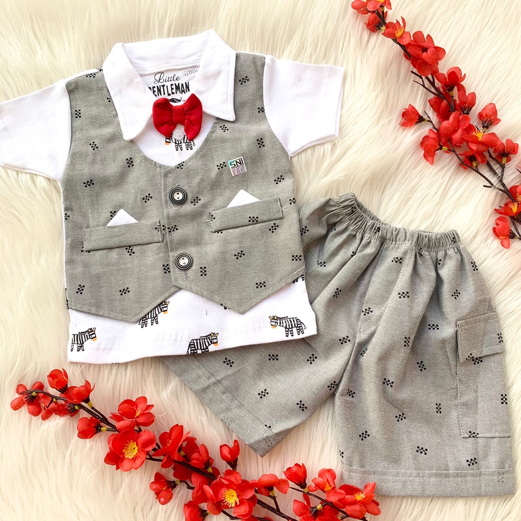 Baju setelan kemeja rompi celana motif pergi lucu bestseller fashion anak bayi laki cowok murah -zeb