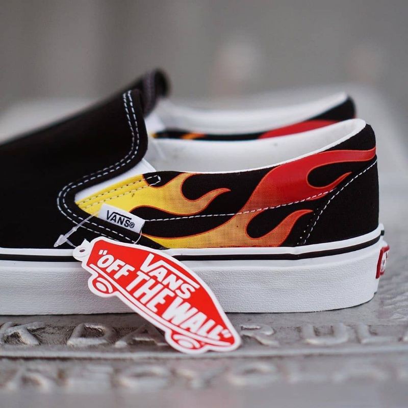 VANS SLIP-ON FLAME BLACK WHITE ORIGINAL 100%