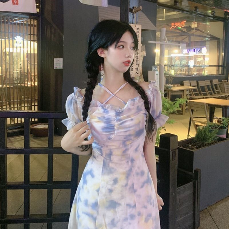 gaun gaya korea lembut angin tie-dye gaun perempuan musim panas retro Perancis manis kerah persegi c