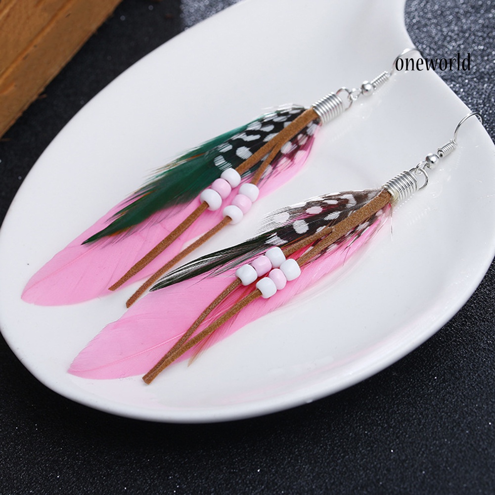 OW@ Bohemian Women Indian Feather Beads Tassel Dangle Hook Earrings Jewelry Gift