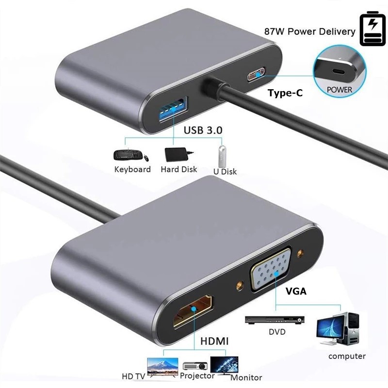 USB Type C to HDMI VGA USB3.0 PD 4k Konverter 4in1 for Smartphone / Tablet