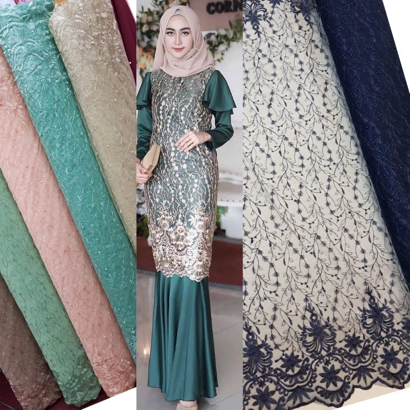 Bahan Kain Tile Akar Gliter Tile Mutiara Tile bordir motif Tile payet Brokat kebaya Brukat Tile Mete