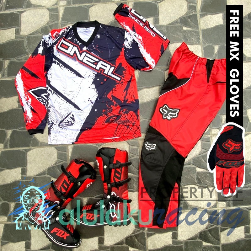 Jersey, Celana, Sarung Tangan &amp; Sepatu Fullprint with Protectors Fullset MX Trail Motocross - Paket Bundling ONCTFG010303-F43