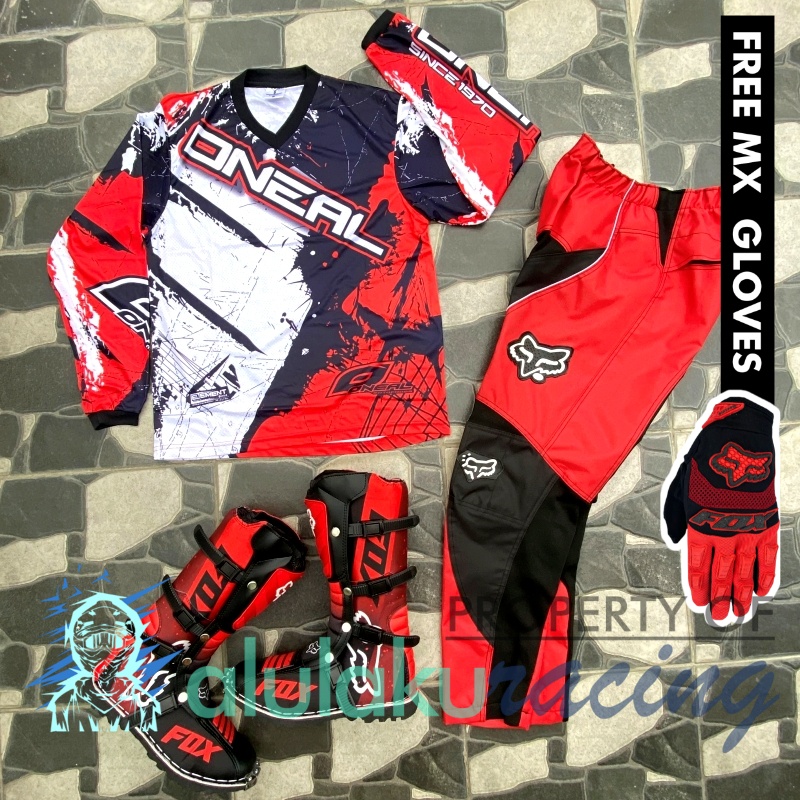 Jersey, Celana, Sarung Tangan &amp; Sepatu Fullprint with Protectors Fullset MX Trail Motocross - Paket Bundling ONCTFG010303-F43