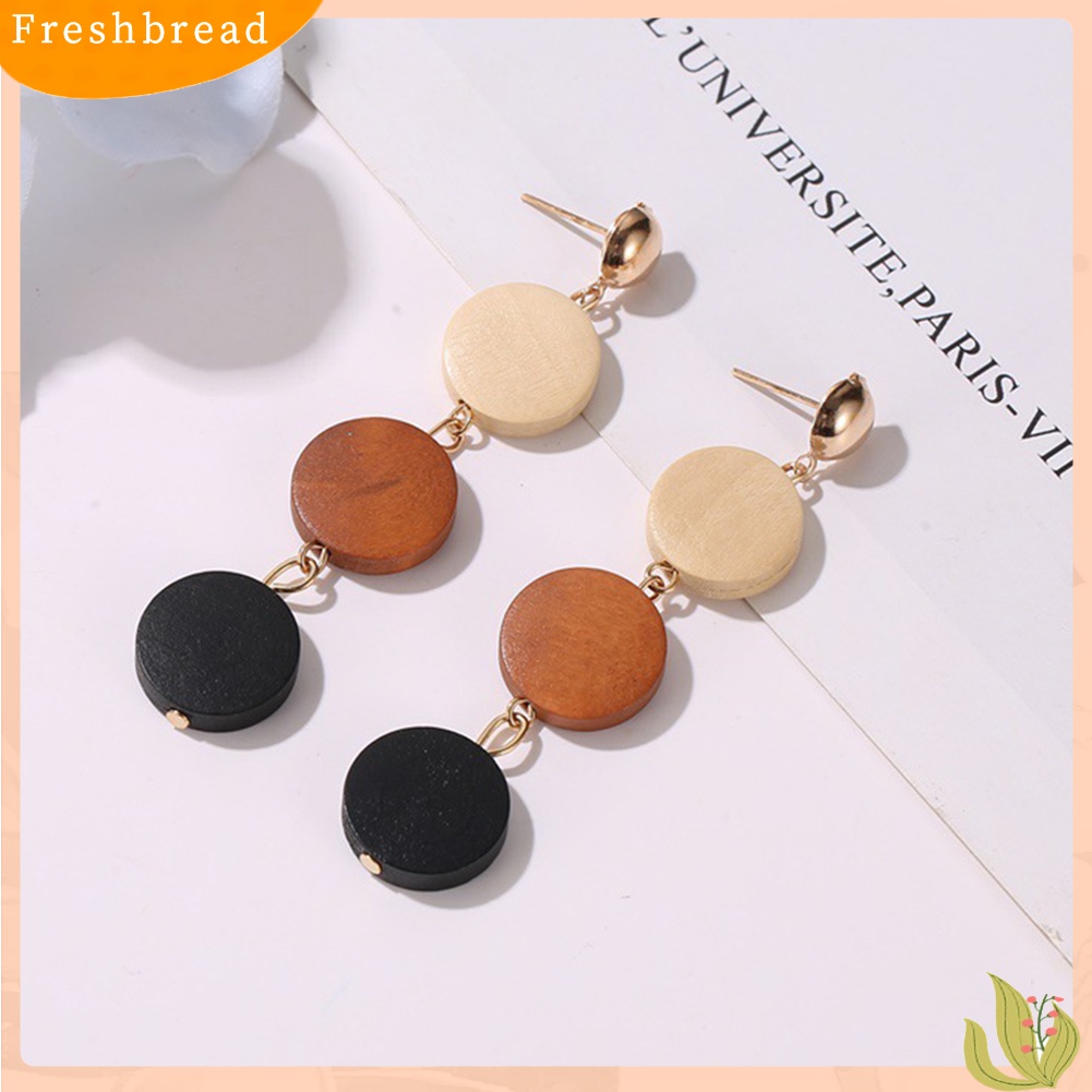 Fresh| Anting Tusuk Gantung Wanita Bahan Kayu Desain Geometri Bulat Untuk Hadiah