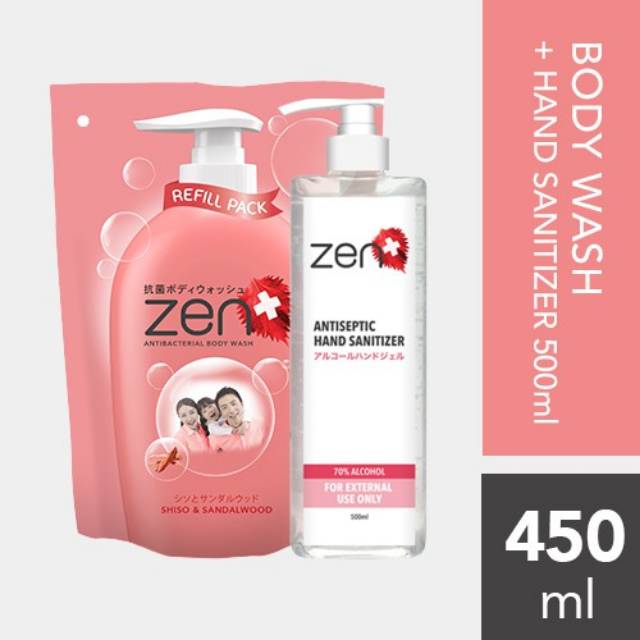 Zen Antibacterial Body Wash Kemasan Refill 450 mL dan Hand Sanitizer 500 mL
