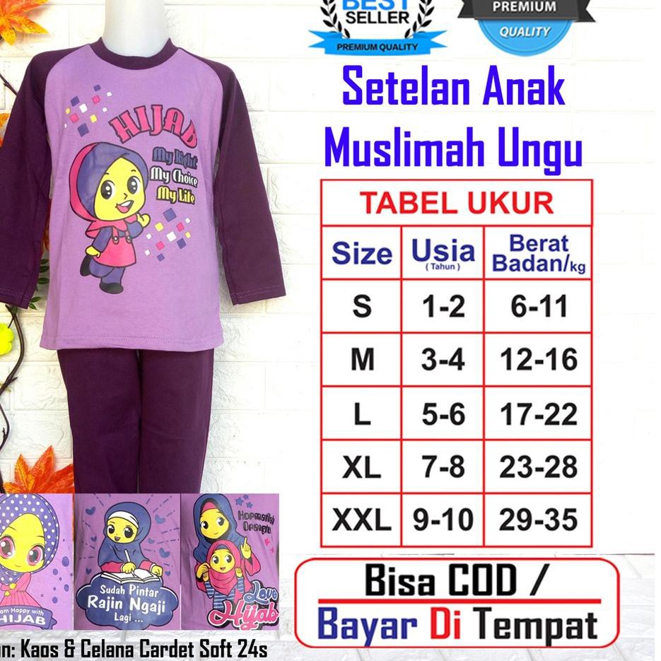 Stok Terbatas 7kids Setelan Kaos Anak Perempuan Muslimah Lengan Panjang Warna Ungu Karakter Islam