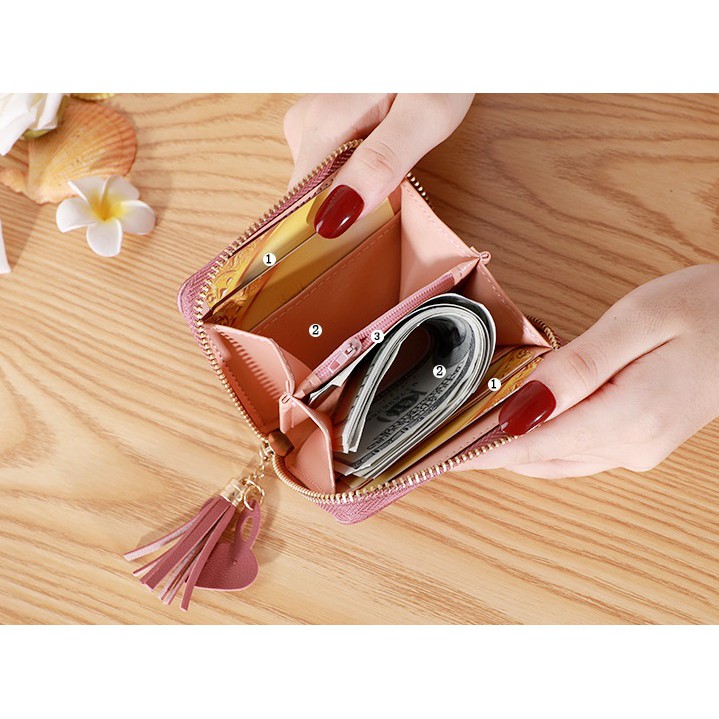 W03 Dompet Kulit Mini Pendek Wanita Cewek MK Daisy Flower Kartu Zipper Resleting Koin Wallet Woman