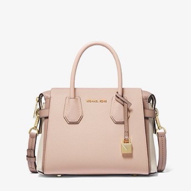 MICHAEL KORS MK Mercer Small Tri-Color Pebbled Leather Belted Satchel pink